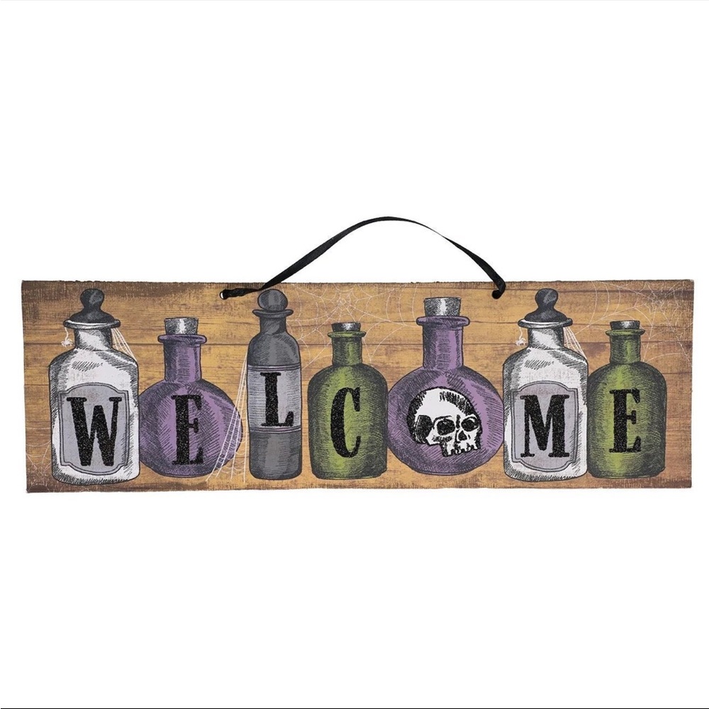 Halloween Welcome Sign with Purple and Green Bottles